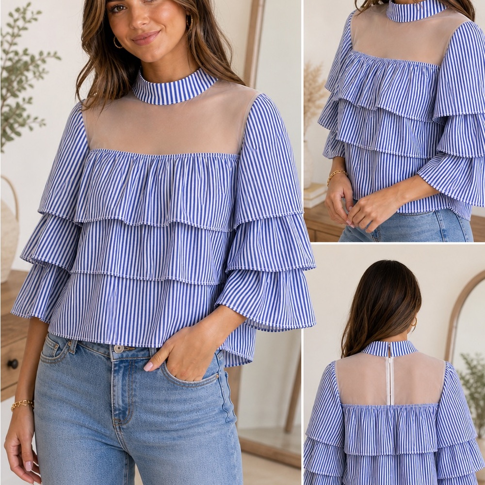 CLEO Apparel XL Blue White Striped Ruffle Blouse Sheer Yoke Tiered Top